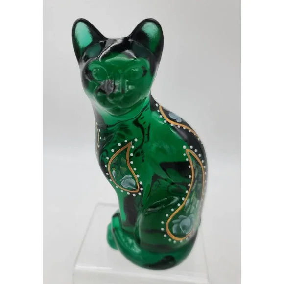 Fenton Glass Hand Painted Emerald Green Stylized Cat Figurine 5" Vintage 2000 - Picture 1 of 3